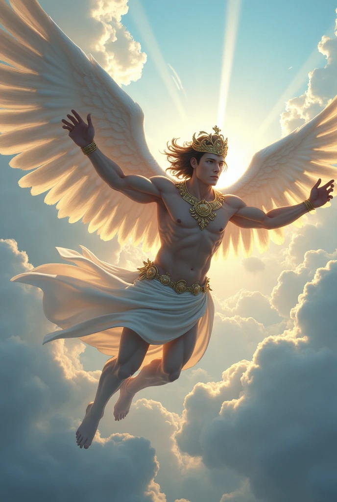 Generate a young male god of air flying in the sky with crown on head who is looking strong and overpower