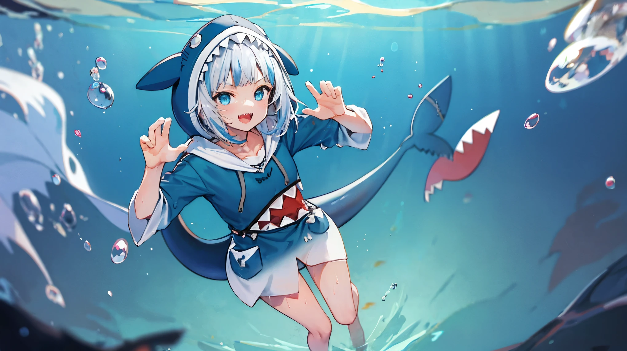 2d, masterpiece, best quality, anime, highly detailed, full body, 1girl, solo, gura_hoodie, blue hoodie, shark hood, standing, :d, sharp teeth, in_deep_sea_background , underwater_landscape,,bubble.happy,dynamic_floating_pose,rise_hands,open_legs, naked_legs,wet,claw_pose,tail,