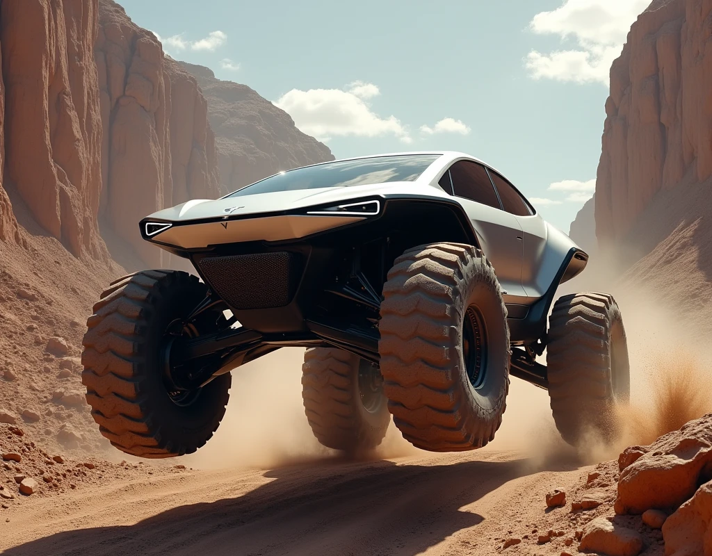 Cyber truck tesla silver. Big tyre. Monster truck tyre.. 4×4 . Off-road. On mud . Jumping from high place.from chilff Jumping . Very epic. Very stunning.
