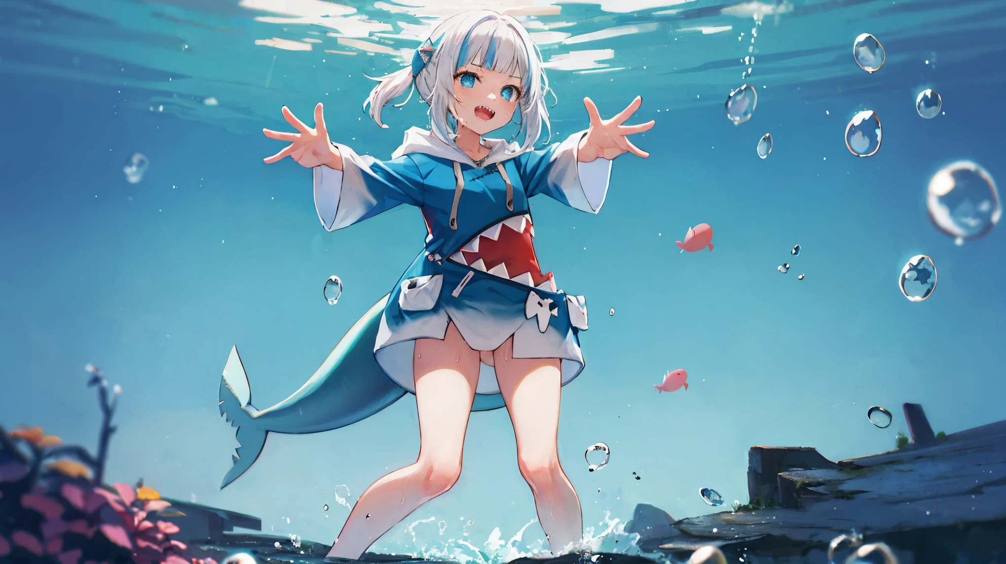 2d, masterpiece, best quality, anime, highly detailed, full body, 1girl, solo, gura_hoodie, blue hoodie, shark hood, standing, :d, sharp teeth, in_deep_sea_background , underwater_landscape,,bubble.happy,dynamic_floating_pose,rise_hands,open_legs, naked_legs,wet,claw_pose,tail,