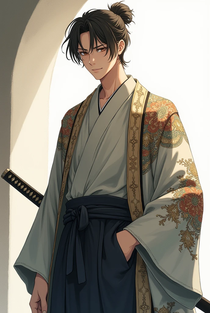 Um personagem masculino de anime, wearing a traditional training kimono, with a stylish and ornate overcoat or haori or cape, thrown over the shoulders, without arms in sleeves. The character must have a single katana in the sheath, belt grip, without any other visible weapon. The focus should be on the elegance and simplicity of the outfit., highlighting the detailed design of the kimono and cape.