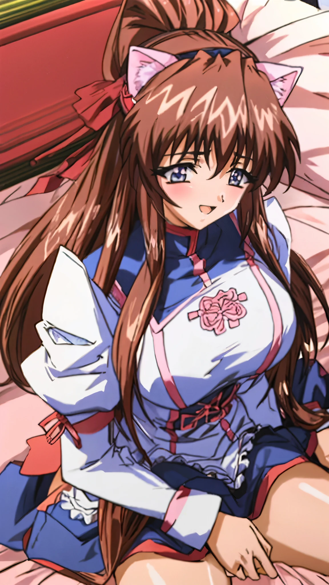 (Anime artwork, Anime Style, Studio Anime, Very detailed, Latest, Vibrant, Anime Coloring Book, High Contrast, masterpiece:1.2, Highest quality, Best aesthetics), (Beautiful and detailed:1.2), Aoikan, 1 person, blush, (maid headdress, cat ears, maid uniform), Cute Smile Open your mouth On the bed, Lie down with your arms up, Pink Good, From above, No pants,Two Arms,