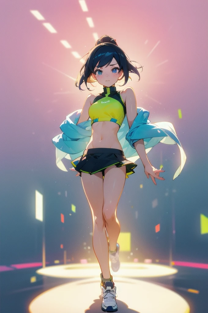 (hyper quality), [standing picture, upper body, close-up of girl:0.6], slim body, perfect body, mini skirt, sports bra, gradient background, anime character, (cute girl:1.1), sexy, bloom effect