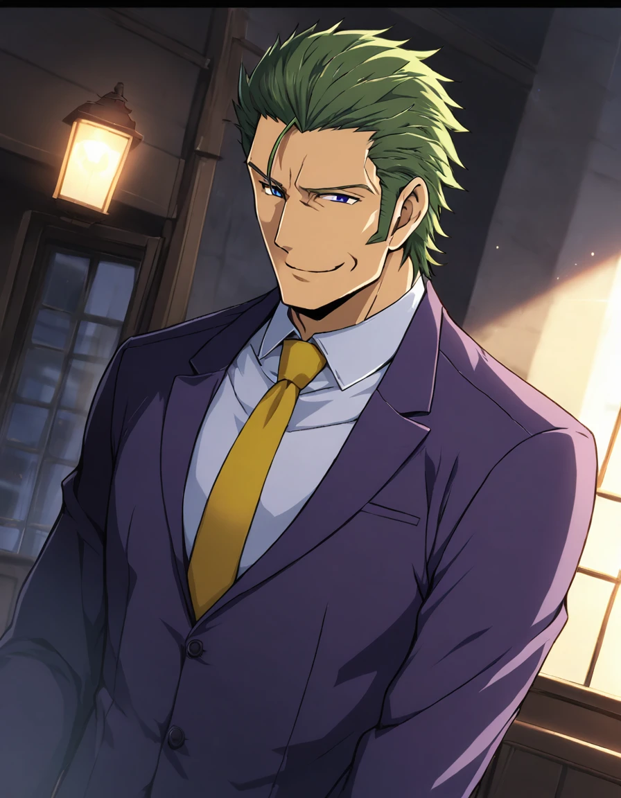 1man, (mature father in hentai CG style, arafed dandy president, moss olive hair, deepblue eyes, spiky hair slicked back, businessman hairstyle), ideal ratio body proportions, BREAK (over 30s, elder producer, toned dilettante, high cheekbones, broad shoulder, square shaped face, handsome, beautiful detailed eyes, under 40s), BREAK (violet formal jacket, purplewhite shirt, yellow necktie, simple costume), BREAK solo, cool smile, smart emotion, BREAK upperlegs, romantic expression, 2000s, visual novel, in nitroplus style, BREAK depth of field, dutch angle, cinematic shadows, cinematic lighting, lens flare, light leaks, texture, absurdres absolutely resolution, extreme all detailed, greatest paint, BREAK masterpiece, best quality, BREAK score_9, score_8_up, score_7_up, source_anime, rating_safe, score_6_up, score_5_up, score_4_up
