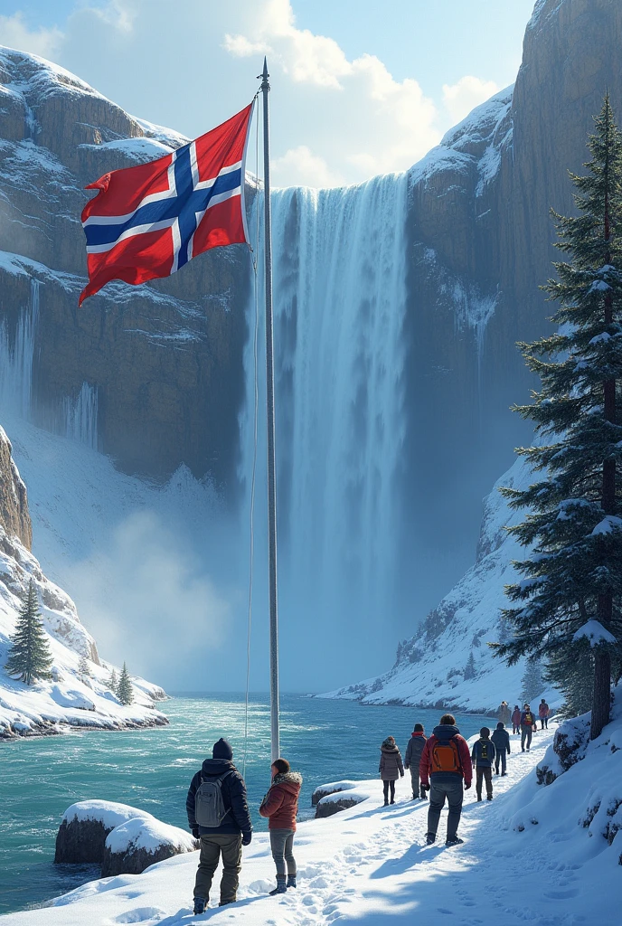 Huge Waterfall in snow in the sea.and tourists.and flag with blue,red,white scandnavian cross colored and white red star on the flag.