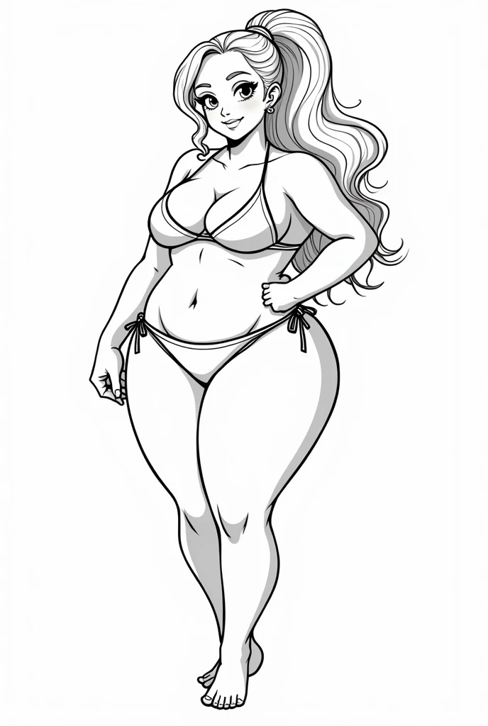 Plus Size Anime Girl, Ponytail, Full Body, Bikini, White Background, For Coloring Book