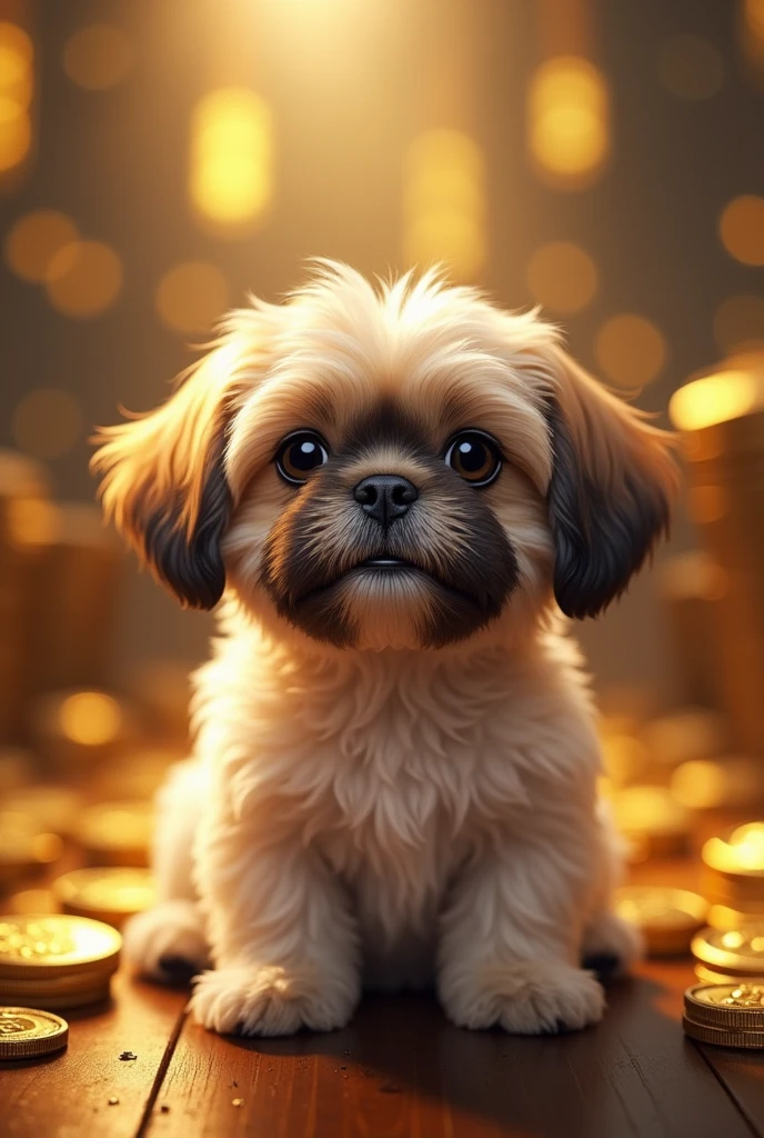 Shih Tzu dog sitting in front of buying and selling gold, cute