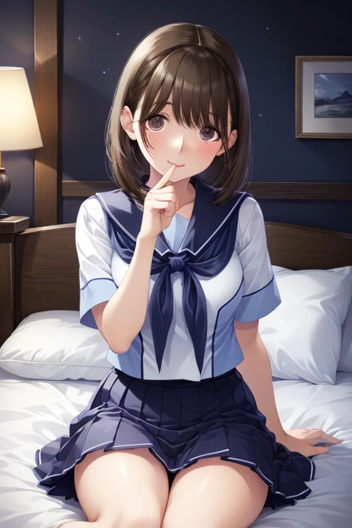 A female student in a sailor uniform who is unwell in the nurse's office(masterpiece, best quality:1.2),illustration,8K,HD,1girl,独奏,upper body,(portrait:1.2),brown_hair,folded_ponytail,brown_eyes,serafuku,long_hair,school_uniform,skirt,pleated_skirt,