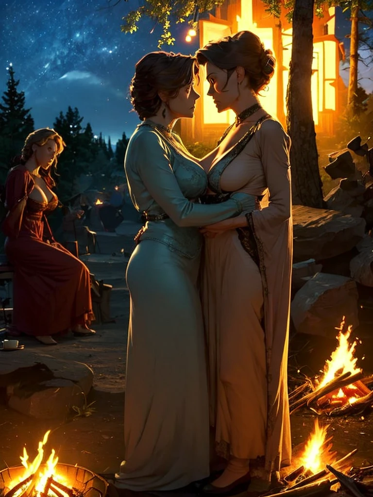 Two middle-aged female hikers, in an intense moment of lesbian seduction, both wearing outfits revealing their breasts and pubes, in the evening, next to a campfire.