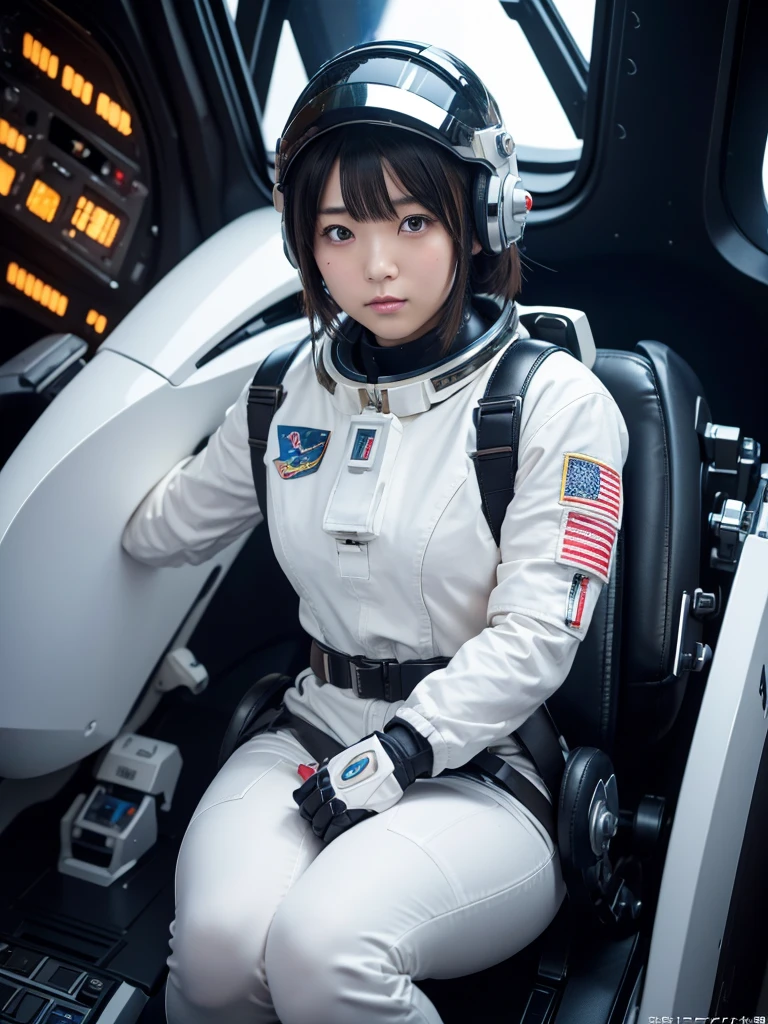 masterpiece, Highest quality, Very detailed, Japanese Android girl, Beautiful 2 Japanese woman, Plump,Slightly thicker,Control panel,Android,cyborg,Blunt bangs,Sitting in the cockpit and piloting,astronaut,Thick harness belt,Full-face helmet