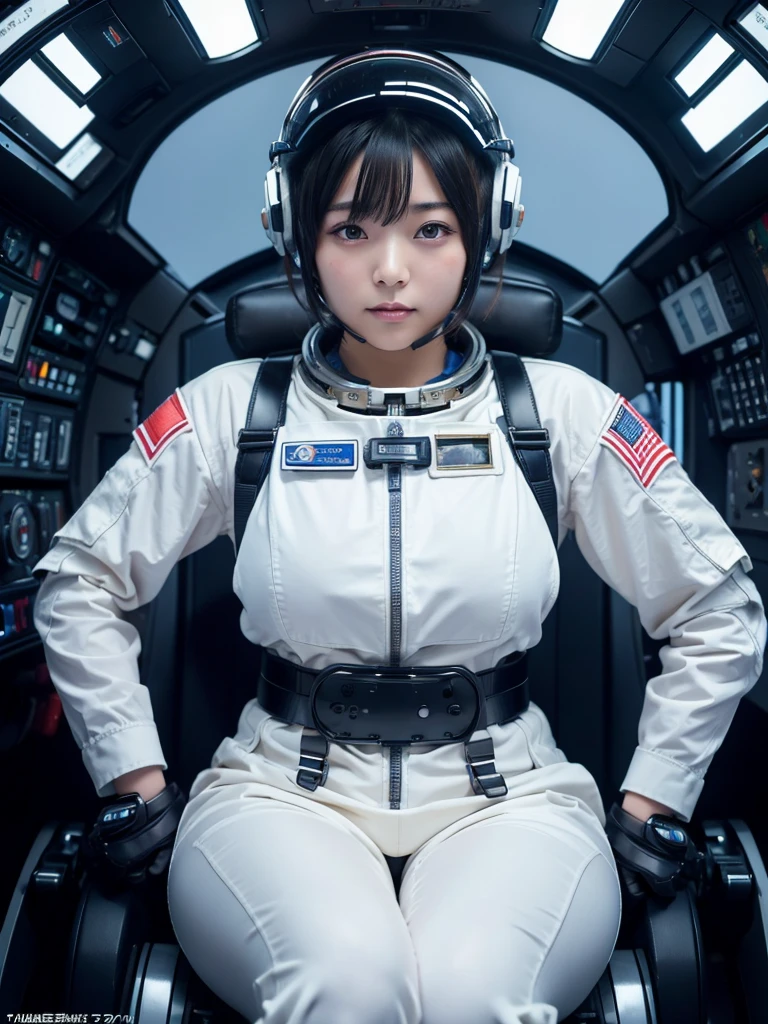 masterpiece, Highest quality, Very detailed, Japanese Android girl, Beautiful 2 Japanese woman, Plump,Slightly thicker,Control panel,Android,cyborg,Blunt bangs,Sitting in the cockpit and piloting,astronaut,Thick harness belt,Full-face helmet
