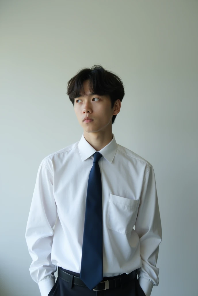 1 student with only white shirt and navy blue tie