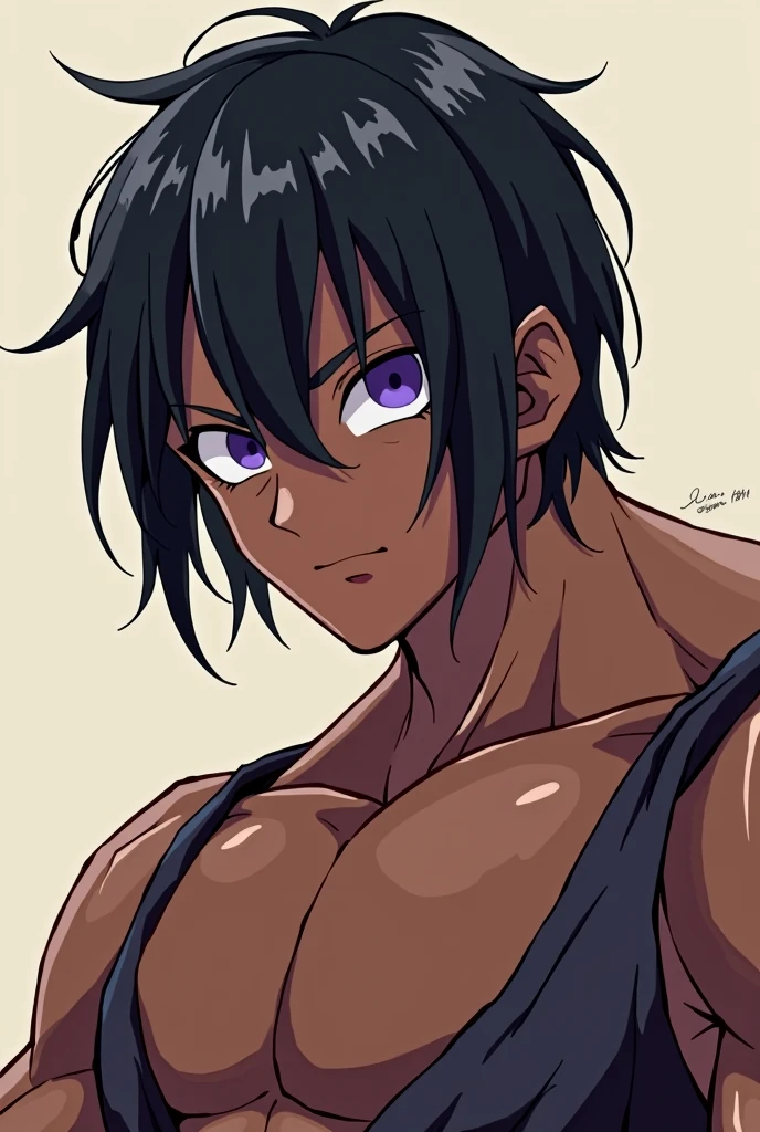 Dark skin man, violet eyes, short straight black hair, muscular, with a shy expression on his face, with dragonball drawing style.