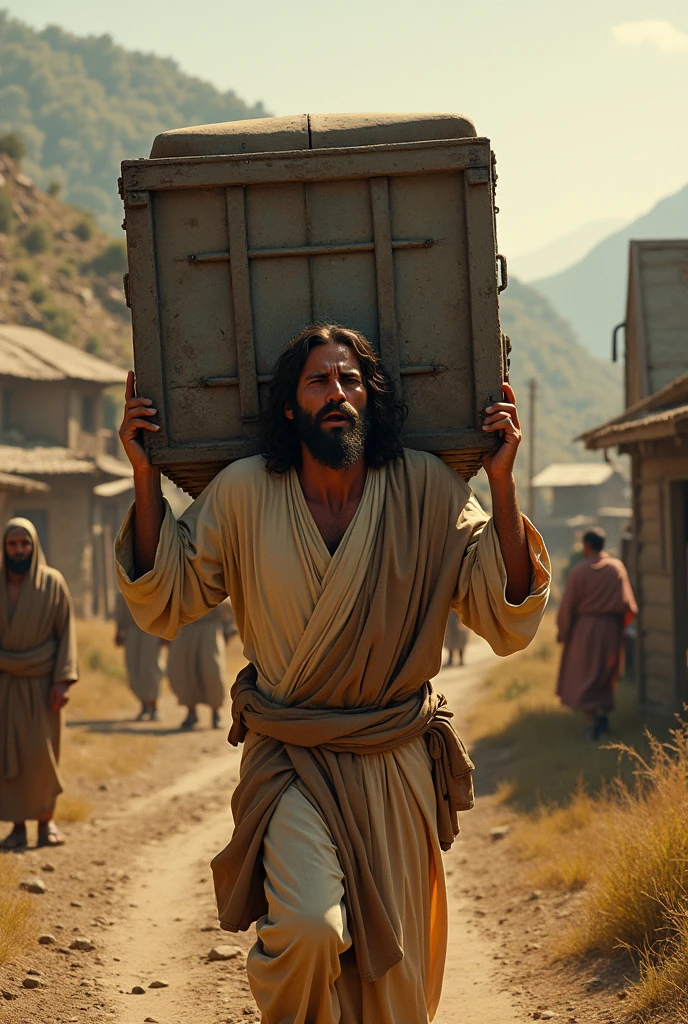 

"Jesus Christ struggling to carry a large truck on his shoulder up  in a town road, . The scene is set in a rustic, rural landscape with rugged terrain, emphasizing the effort and emotion involved in his task."and more villagers are watching him other town and he is 
crying folling water in his eays 