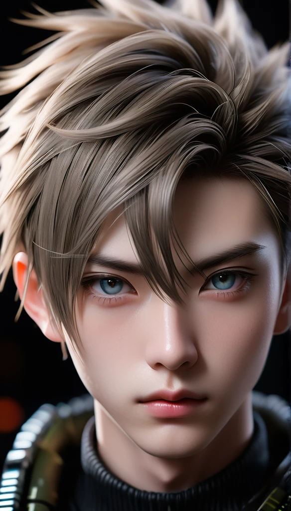 Meticulous, analog style, focus on the eyes, highest quality, (highly detailed skin), photo of very handsome pale skin Japanese boy, 2, (cyberpunk style), perfect face, pore skin, (penetration:0.5), black background, (bokeh:0.6), sharp focus, grainy lighting, (backlight:0.7), film grain, photographed with Sony A7R IV camera, 18mm F/1.7 cine lens, (highly detailed, intricate detail), 8k, HDR, front view, (upper body: 0.9)