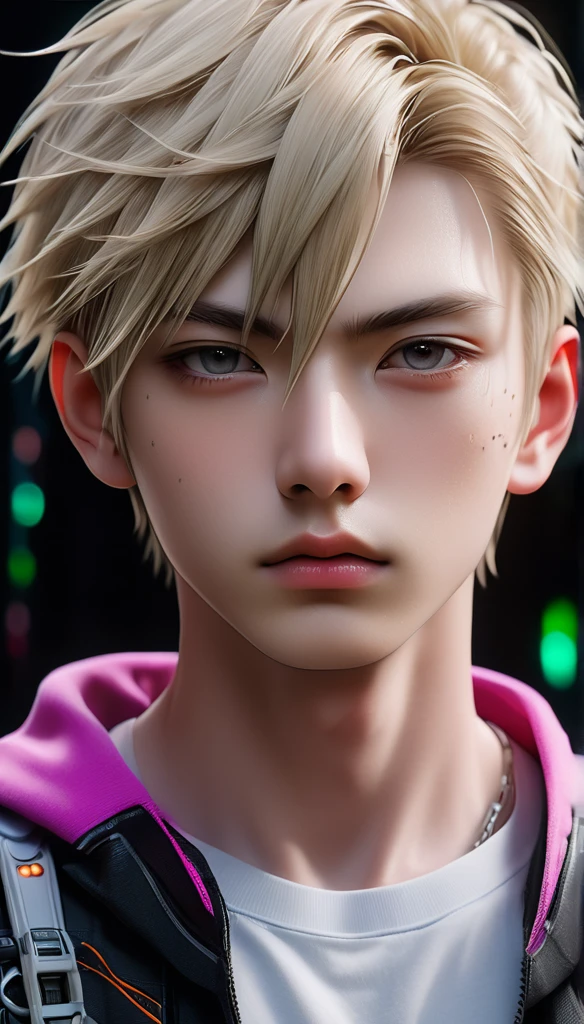 Meticulous, analog style, focus on the eyes, highest quality, (highly detailed skin), photo of very handsome pale skin Japanese boy, 2, (cyberpunk style), perfect face, pore skin, (penetration:0.5), black background, (bokeh:0.6), sharp focus, grainy lighting, (backlight:0.7), film grain, photographed with Sony A7R IV camera, 18mm F/1.7 cine lens, (highly detailed, intricate detail), 8k, HDR, front view, (upper body: 0.9)