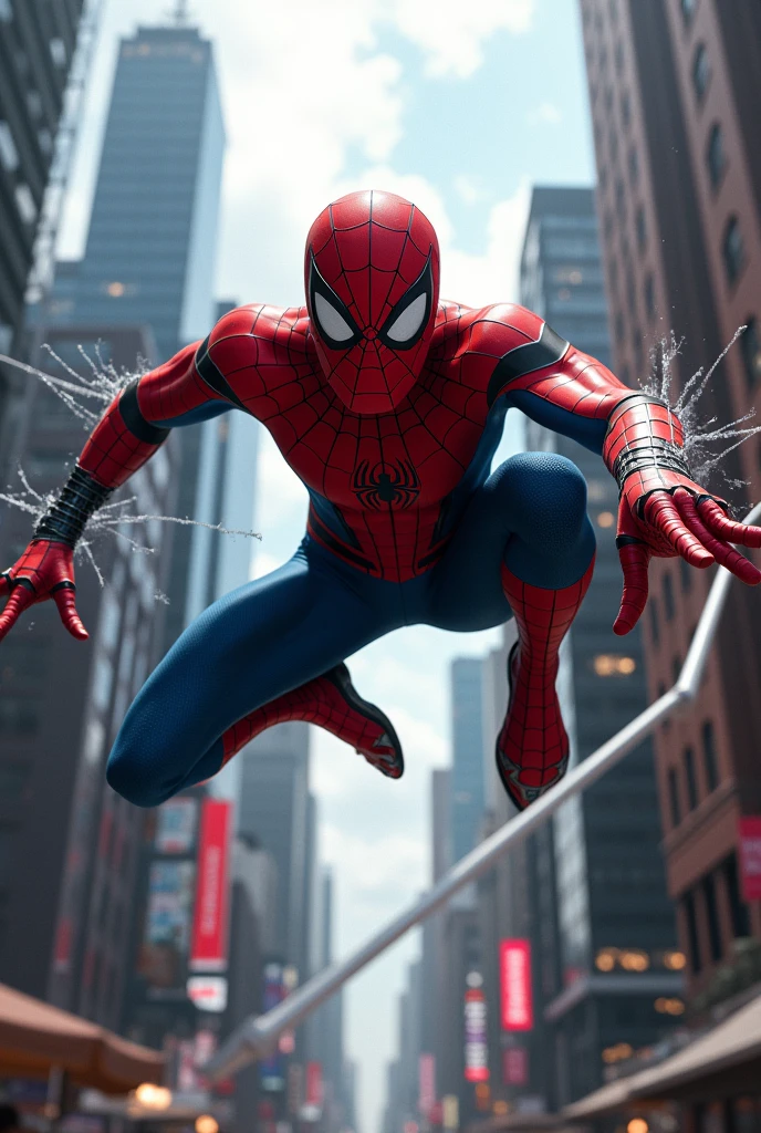 Generate an image of spiderman who shoots his web into the our screen like realistic movie 
