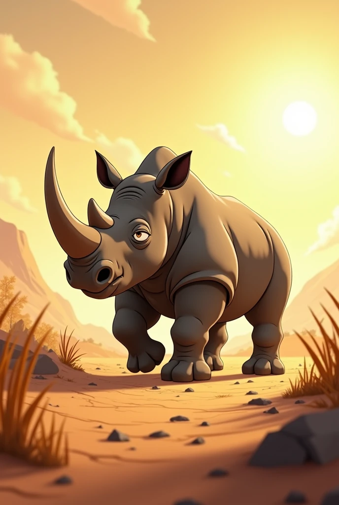 Rhinoceros had been walking for hours, his thick skin unable to keep out the heat. His throat was dry, and his mouth longed for even a single drop of water. "Oh, if only I could find some shade," Rollo thought, "and a cool drink of water!". In a Disneystyle, ar 16:9