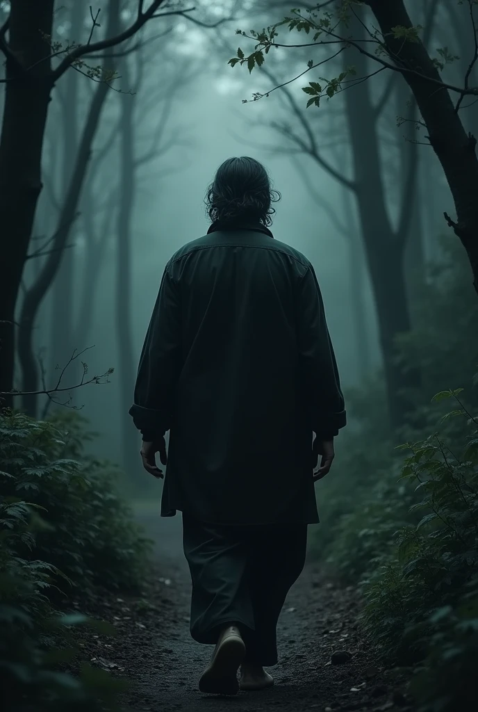 Young village man of age 40 years in thinking mode desperation with small beard semi long hair going into forest showing his back side only dark arrange clour dress