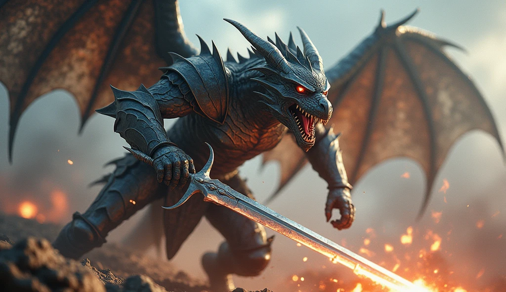 Realistic photos, RAW Photos, Dragon Knight, shining sword, attacks viewer, Powerful movements, jump on prey, ((Dynamic jump)),
Dragon Knight approaching from above, sudden approach, Bad-tempered, dynamic Shot from grand, lightning magic,High resolution, masterpiece, Highest quality, Intricate details, Very detailed, Clear focus,texture, Delicate eyes, Professional, 4K,Shallow and deep, Kodak Vision Color, Exactly, Very detailed, photograph_\(Extremist\), photographpractical, practical, Post-processing, Maximum details, Roughness, Real Life, Extremist practical, Photorealism, photographgraphy, 8K Ultra HD, photographgraphy