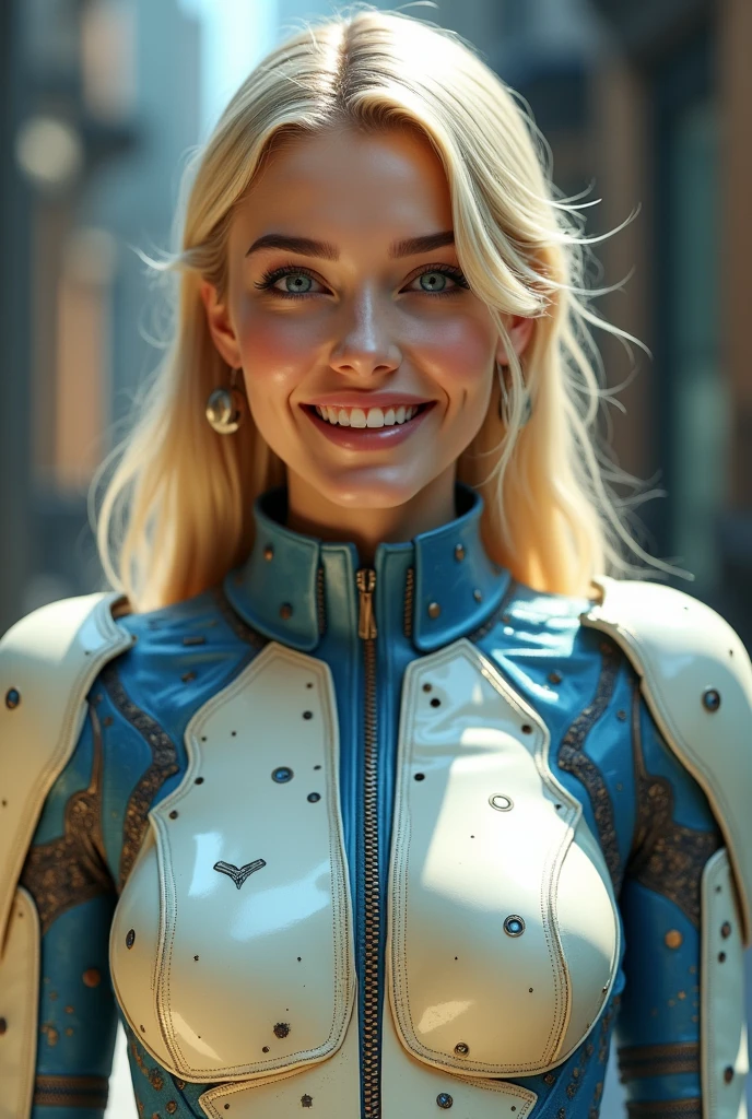 from face, a smiling singer, full view of a 30 years old woman, very long blond hair, blue eyes, slim, she wears a futurist cream and blue armor made from a mix of printed circuit board.