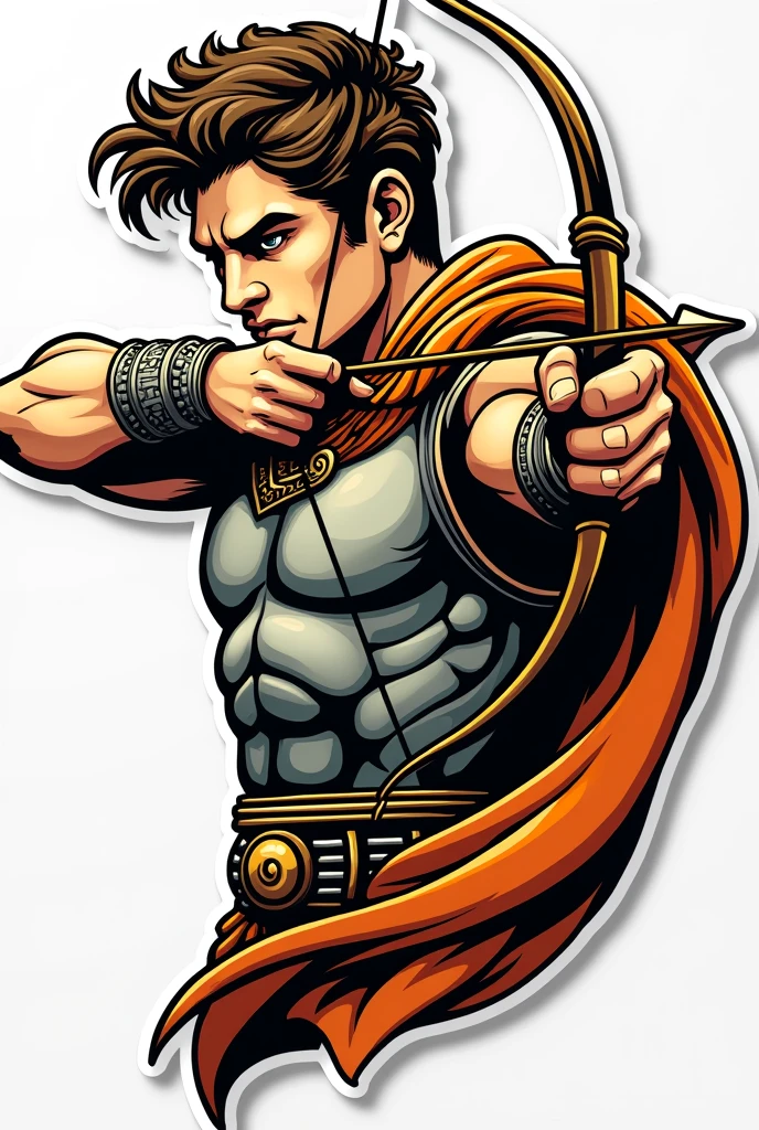 God Apollo wearing an armour and firing a bow and arrow. Make his face a little fierce and facing in front. Make it sticker-like with bold outline. It should be accurate as a logo. Don't put a background. He should be facing in front and make it brighter with touch of yellow. He should ba handsome also. Make it half body. Don't make cuts of other parts. It should be a full image. Make him look more god-like. Make it simple and comic style.