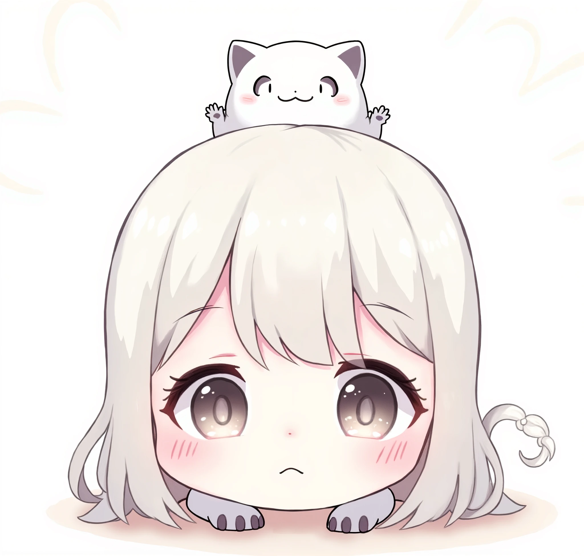 cute white cat ghost little ???, has a grayish black pattern on the tip of the hand, legs and tail, hair in small braids to the back on the right and left sides circling the head