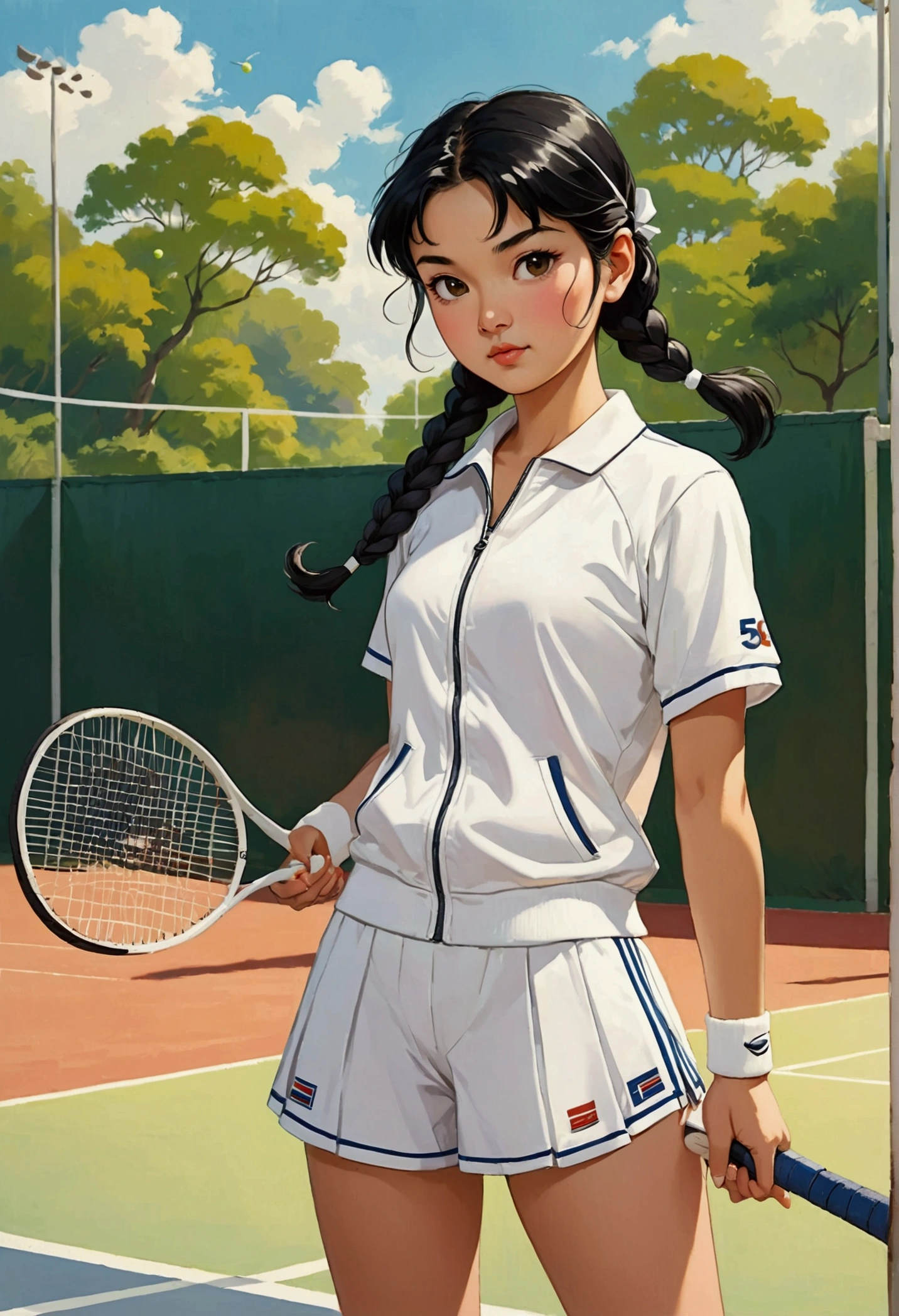 A beautiful young girl in Sarah Kay style, Asian with black hair tied in a single long braid and dressed in an all-white tennis sports outfit, with white sneakers and socks and a racket in her hand, her style is 50s, she is in a relaxed attitude.