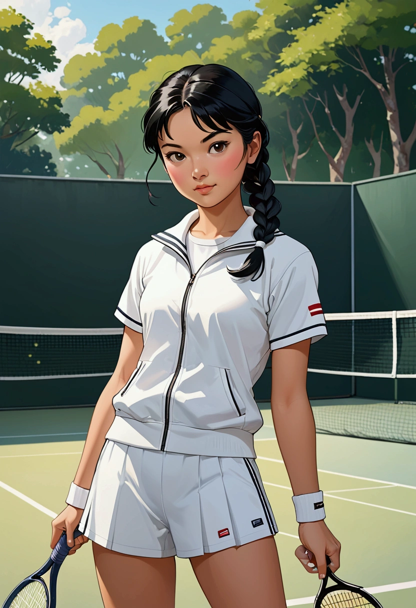 A beautiful young girl in Sarah Kay style, Asian with black hair tied in a single long braid and dressed in an all-white tennis sports outfit, with white sneakers and socks and a racket in her hand, her style is 50s, she is in a relaxed attitude.