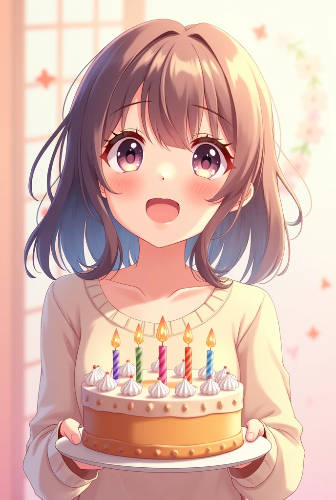 a girl holding a birthday cake (photo facing her side and looking up angle) on anime style