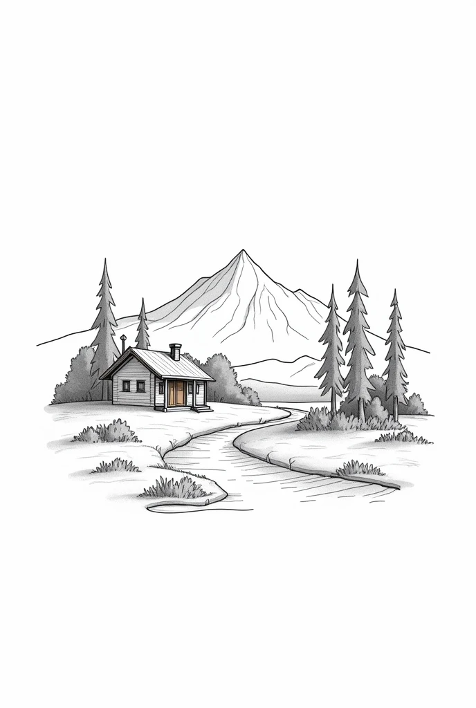 Landscape with a small country house, trees, a river, mountains in the background, only outline of the drawing, black and white