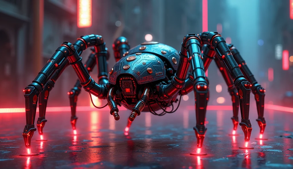 Mechanical spider, metallic legs, cyberpunk, wired, chips, transistors, emission, vibrant, dark background