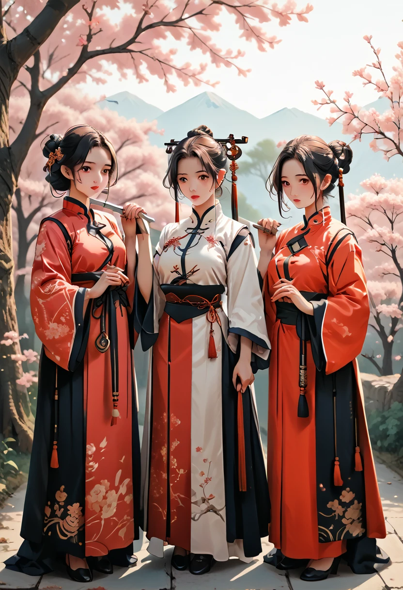 best quality, masterpiece, highres,3girls,Beautiful face,full body,chinese clothes,white Taoist robes,right hand hold sword with (Gorgeous ornamentation),peach trees,