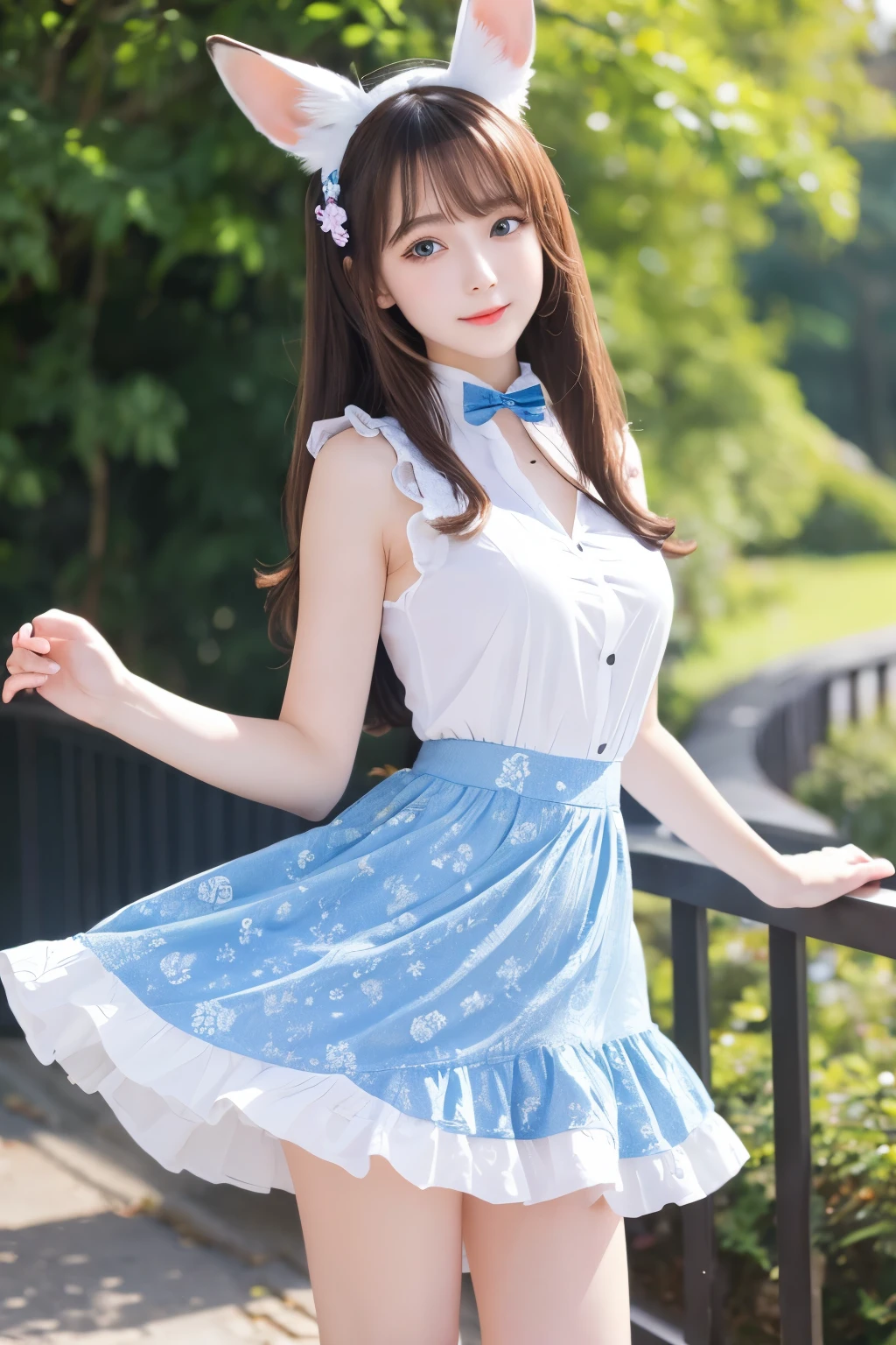 High resolution, Highest quality, masterpiece, 超High resolution, 超High resolution, Ultra-realistic, 3d, anime, figure, alone, Very beautiful and cute, She was wearing a pale white floral mini-skirt dress.、Flapping its wings, Her hair is moving, whole body, Amazing perfect proportions, , High Layer Cut, Mallet Hairstyles, Bright Blue Eyes, Happy, Rabbit