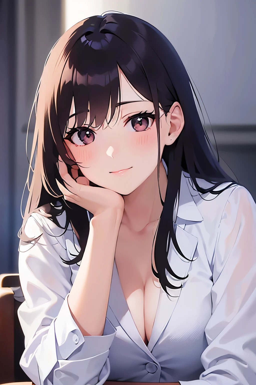 leaning forward,Upper Body, (finger to mouth:1.5)、hand on knees、 Realistic, real person, (pale skin: 1.2), RAW photo, photorealistic, shiny skin, shiny hair、(A 2 woman with medium-length hair and bangs) and (wavy hair) and (brown hair) and (orange eyes) , (Wearing a business suit:1.5) and (Wearing a white collared shirt)、 (Cleavage:1.5)、(blush:1.5),smile,The background is the conference room、(alone:1.5)