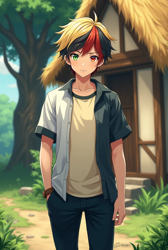 1 fantasy anime handsome boy with short and tidy "some of blonde and black hair with a little of red hair" . Shiny green eyes with red halo around the pupils. White shirt with gray short sleeves and black edges, cream colored t-shirt underneath. The buttons are closed. Standing in front of the door of a house with straw walls and a hay roof. Among the greens and a single big tree facing. Old navy pants and old brown sandals. strong and rather tall body . a serious look