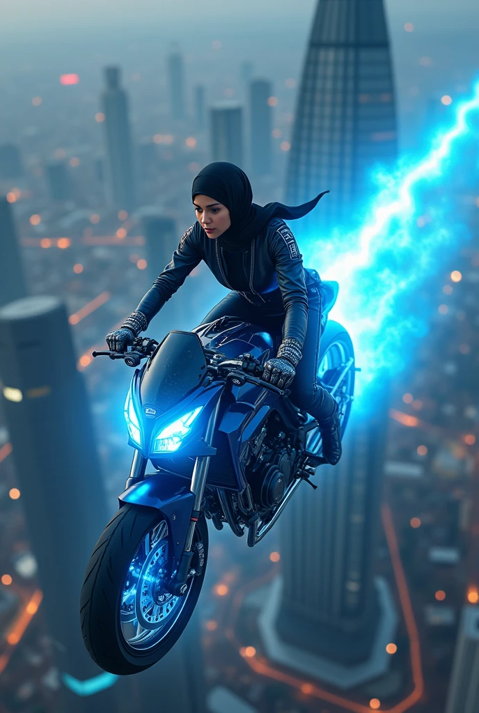 Dikirim oleh anda:

high speed movement, top angle, photo realistic, full body, UHD, a indonesian beauty girl, Ingénue, hijab, leather suit with power gauntlet. ridding a sci-fi blue light motorcycle floating in the sky above the cyberpunk city. create a shock wave tail behind.