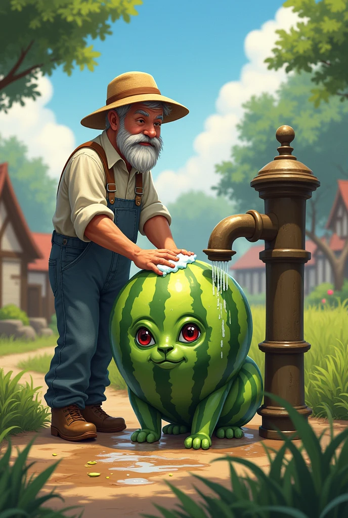 A farmer cleaning the watermeloncat in water pump 