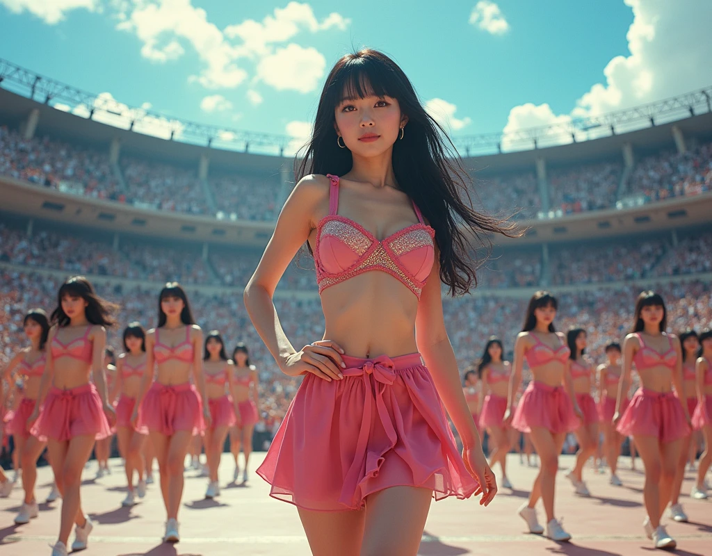 (((((Japanese Clone-girls=Myself))))), (((Super Best masterpiece Clone-girls Raw Photography Art))), (((16K, Highest quality, Ultra-high resolution, RAW Photos))), (((It's so unrealistic., With unparalleled depiction, With an unfathomable sight, An unprecedented and shocking worldview, Clone-girls: In a world of mass reproduction, Ultra-realistic))), (((Japanese Girls, Yokoyama-Yui, 22yo, Small face, Thick black hair, Semi-long hair, Dark Eyes, Mature face, Cute Smile, Smiling face, A gentle gaze, (((Very pleasant look)))))), (((Very beautiful detailed girls, Accurate body structure, Accurate body movements, Very detailed body, (((Super big breasts, Large bulge of ample breasts)))))), (((Nogizaka46 - Idol group stage costumes, Short skirt, hour々I can see your pants, Cleavage Emphasis, Emphasise the fullness of your breasts))), ((((((((Very detailed, Myself cloning, Depiction of splitting oneself, 1Myself girl→1,000,000,000,000,000,000,000,000,000,000Myself cloning girls)))))))), (((((((Myself clone-girlsから, Myself keeps multiplying, (Very detailed and intricate, To the exact, Flawless, (((In the same female body,With the same face, With the same hairstyle, In the same clothes, At the same height, 同じSuper big breastsである))), In a detailed depiction), 1,000,000,000,000,000,000,000,000,000,000 people))))))), (((((Myself girls only))))), (((((1,000,000,000,000,000,000,000,000,000,000Myself girls))))), (((((Very detailed depiction, A singing and dancing Myself idol group, On a large outdoor stage, A gorgeous, full-body dance performance, Over 100 people, Gaze into the audience, Fun and powerful singing, Dance with unified group movements))))), (((Very detailed, The auditorium is packed, The whole audience is Myself's crowd, Dressed differently from idol groups))), (((((The camera focuses on idol groups., Clear and accurate perspective depiction, Ultra-wide field of view, wide view, Focus on the average value of the image))))), The best dance performance ever, Myself and the others were going crazy and the atmosphere was at its peak.