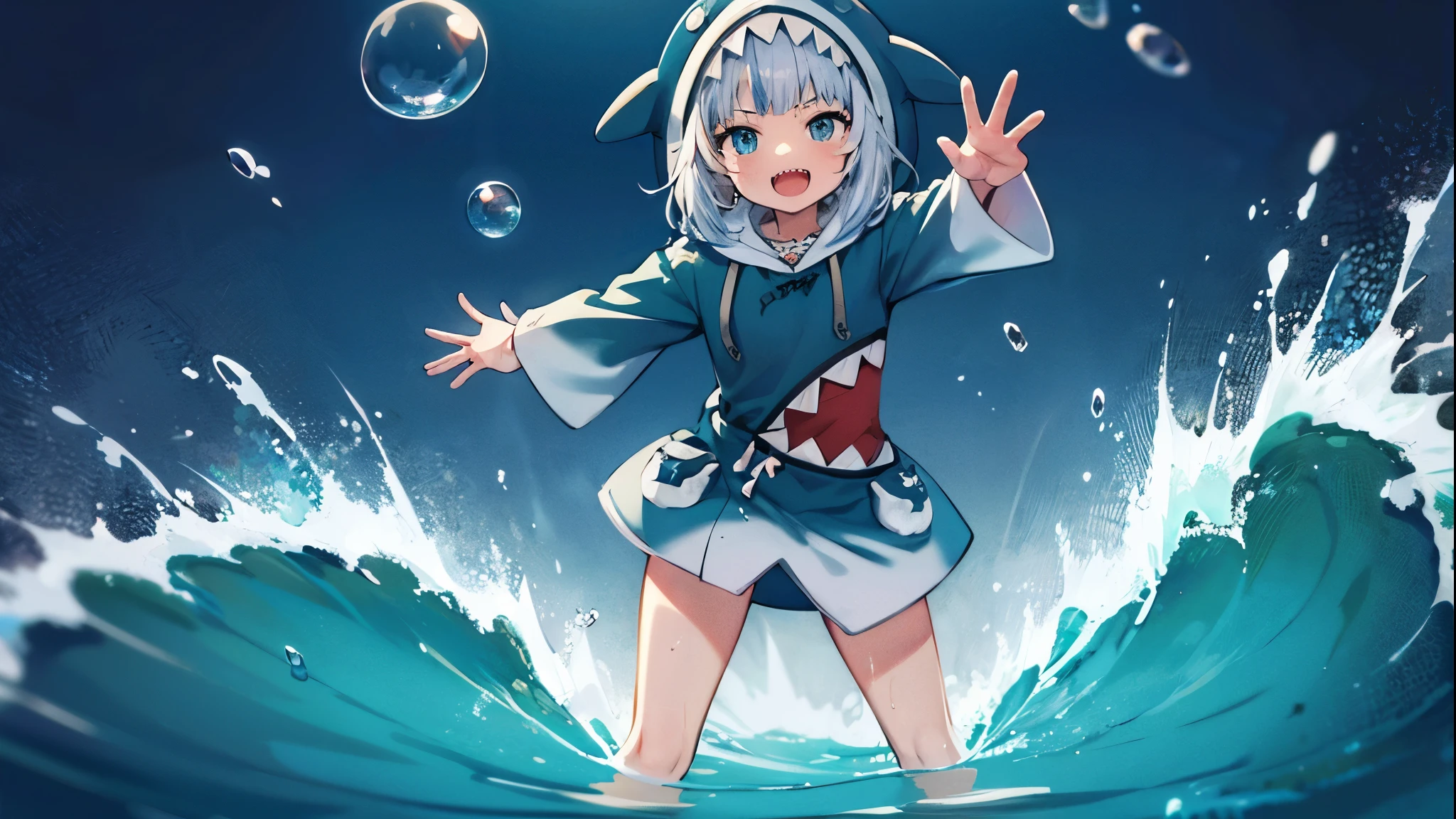 2d, masterpiece, best quality, anime, highly detailed, full body, 1girl, solo, gura_hoodie, blue hoodie, shark hood, standing, :d, sharp teeth, in_deep_sea_background , underwater_landscape,,bubble.happy,dynamic_floating_pose,rise_hands,open_legs, naked_legs,wet,claw_pose,