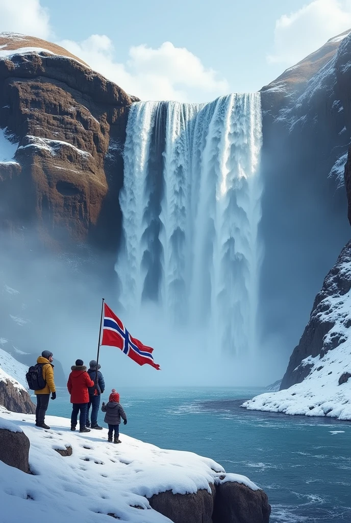 Huge Waterfall in snow in the sea.and tourists.and flag with blue,red,white cross colored and white red star on the flag.