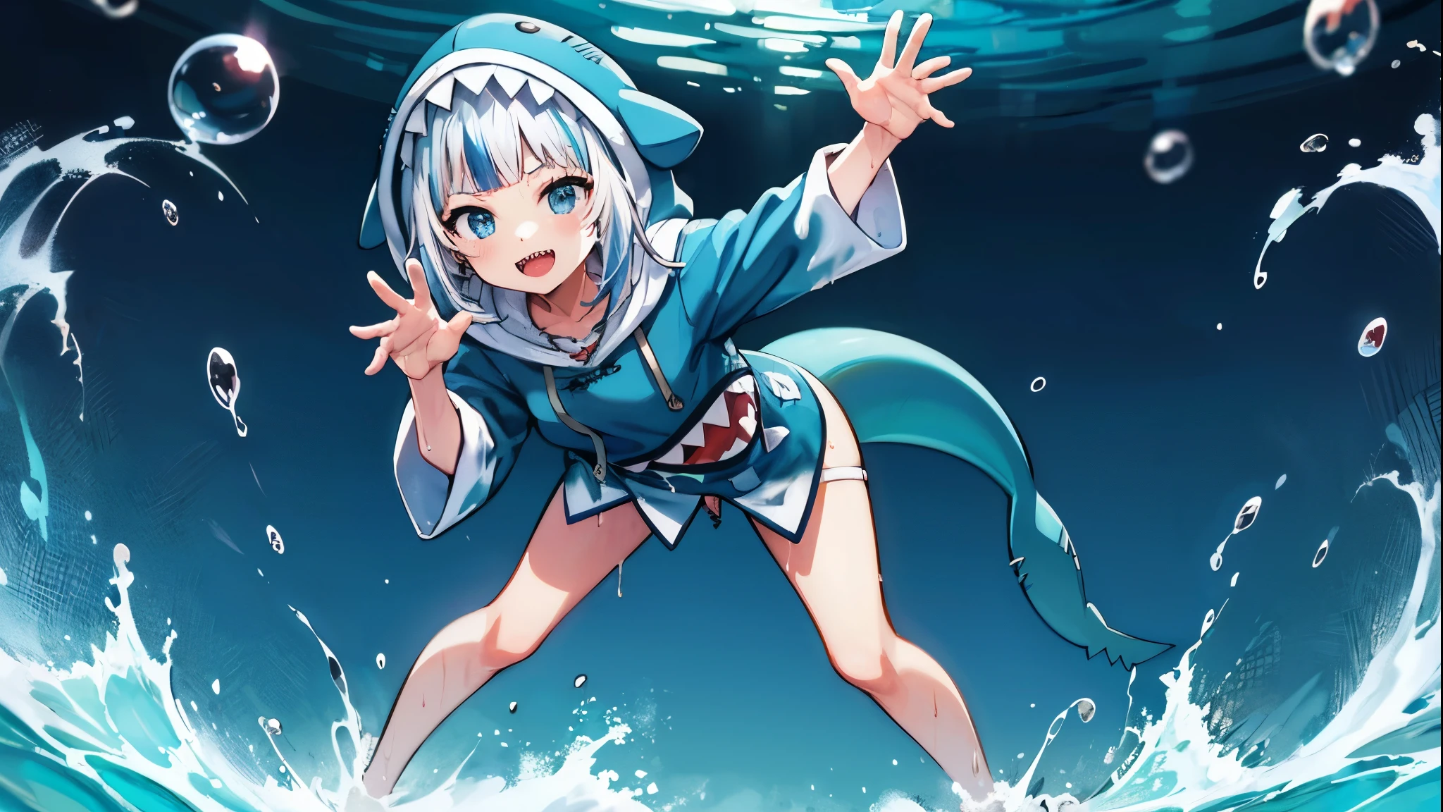 2d, masterpiece, best quality, anime, highly detailed, full body, 1girl, solo, gura_hoodie, blue hoodie, shark hood, standing, :d, sharp teeth, in_deep_sea_background , underwater_landscape,,bubble.happy,dynamic_floating_pose,rise_hands,open_legs, naked_legs,wet,claw_pose,