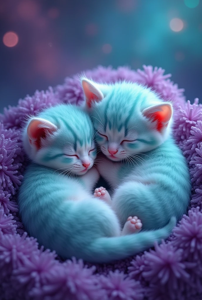 create three cute sleeping kittens, they have turquoise color with purple, hiper realisitic, realisitic, super realisitic, 真实感, the background is a turquoise galaxy with purple, expanded background