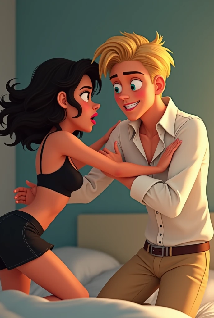 In the photo there is a young woman with slightly curly black hair and bangs Dora, the color of her eyes are brown. She finds next to a young blond man and turquoise eyes. They are above a bed. The young woman is wearing only a black bra and skirt. As for the young man, he is well dressed in a white shirt and beige pants. The girl has a disgusted mood and tries to push the boy out of bed as the boy almost falls, he feels satisfied.. The girl is angry and the boy is happy. Beautiful pixar 2D version