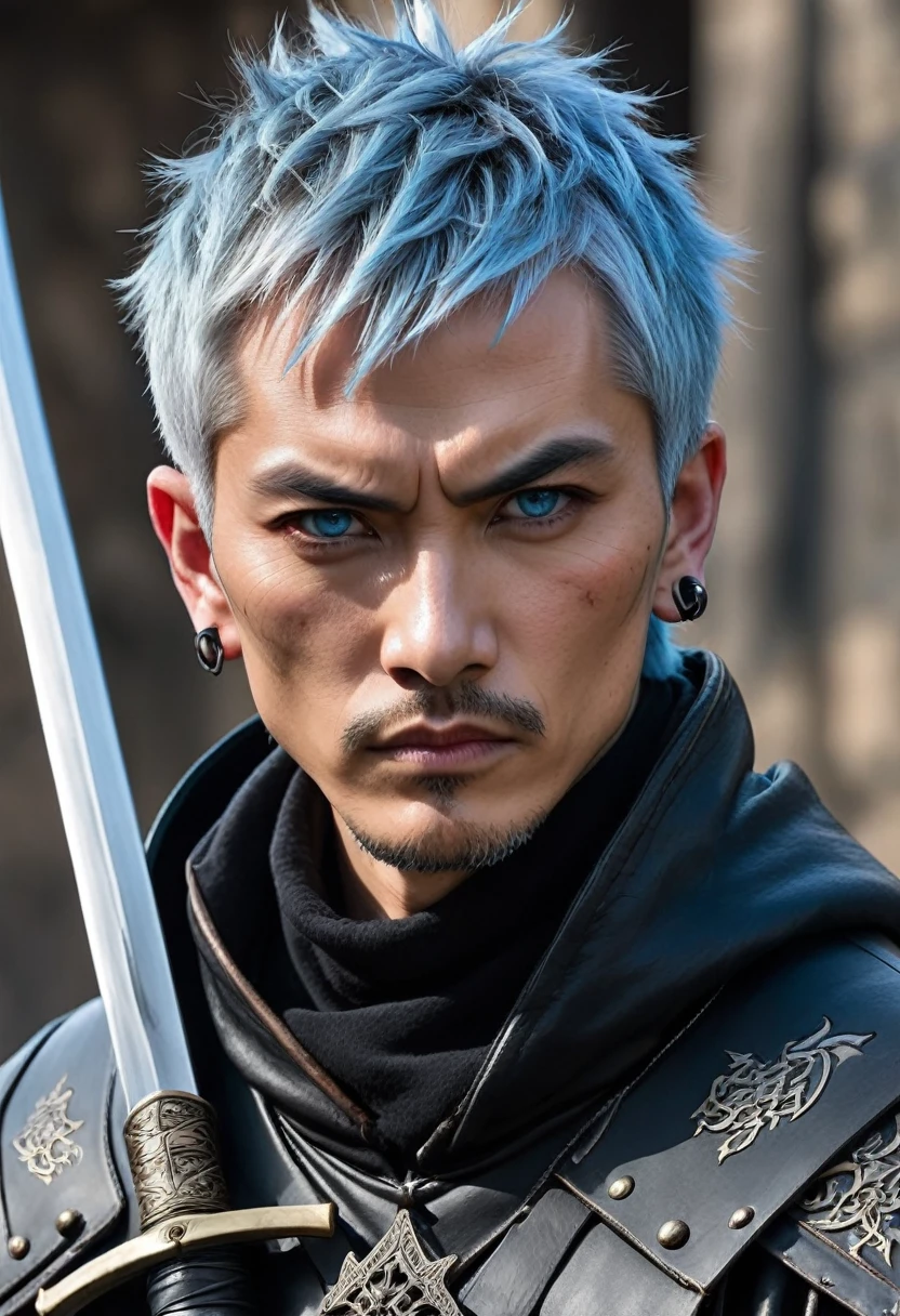 Short grey hair、Red Eye、A fearless face、Black clothing with leather hood、Wearing gloves、Light blue tattoo of ancient characters on neck、Holding two medieval swords、One caucasican male Swordsman、combat style