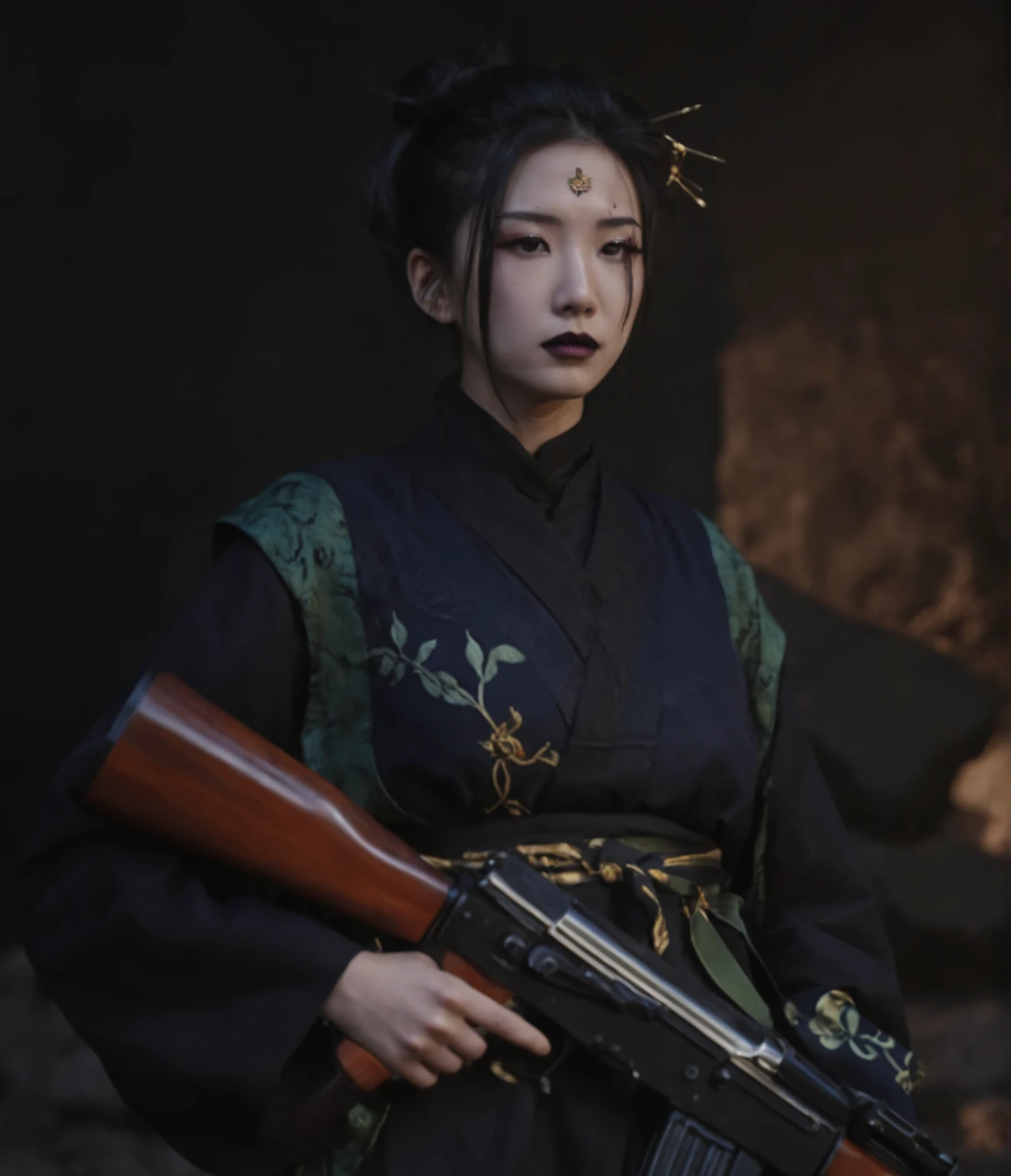 1 Girl,armed with assault rifle,black hair,closed mouth,forehead mark,forehead fringe,serious expression,Chinese classic bun,metal hairpin,coiled long hair,black eyes,black tears,black eyeliner,black eye shadow,thick eye makeup,(black lip:1.3),bun,ground saturation,green,purple and black clothing,gold collar clothes,belt,the clothes have traditional Chinese patterns,dark background,dark cave background,black and gray rocks,real photography,(film composition:1.2),art master photography,excellent composition,award-winning photography,best quality,(soft shadow:1.3),film light,soft lighting,fresh picture feeling,high resolution,original,very detailed wallpaper,perfect lighting,best quality,(masterpiece:1.3),zhizhujing4,,akm,kalashnikov_rifle,assault_rifle,holding_gun,