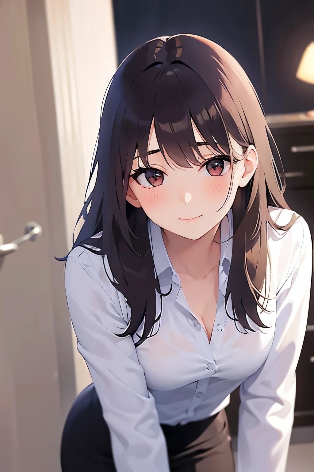 leaning forward,Upper Body, （finger to mouth：1.5）、hand on knees、 Realistic, real person, (pale skin: 1.2), RAW photo, photorealistic, shiny skin, shiny hair、(A 2 woman with medium-length hair and bangs) and (wavy hair) and (brown hair) and (orange eyes) , (Wearing a business suit:1.5) and (Wearing a white collared shirt)、 （Cleavage：1.5）、(blush:1.5),smile,The background is the conference room、(alone:1.5)