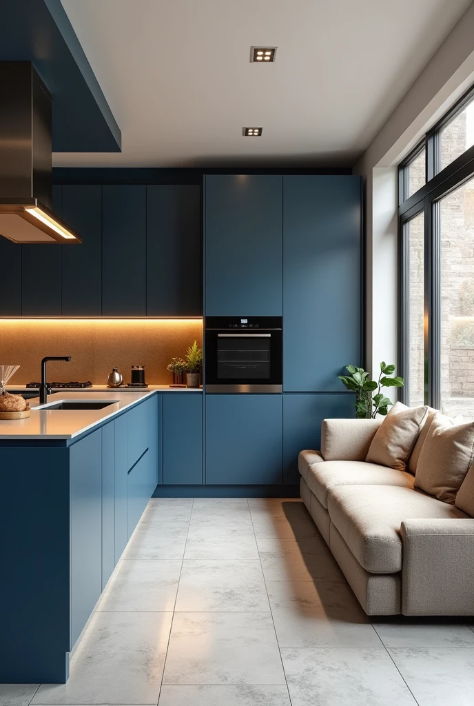 Make a blue L-shaped kitchen , with a light gray floor and a feature wall in the color you think matches and a beige sofa in an open concept living room