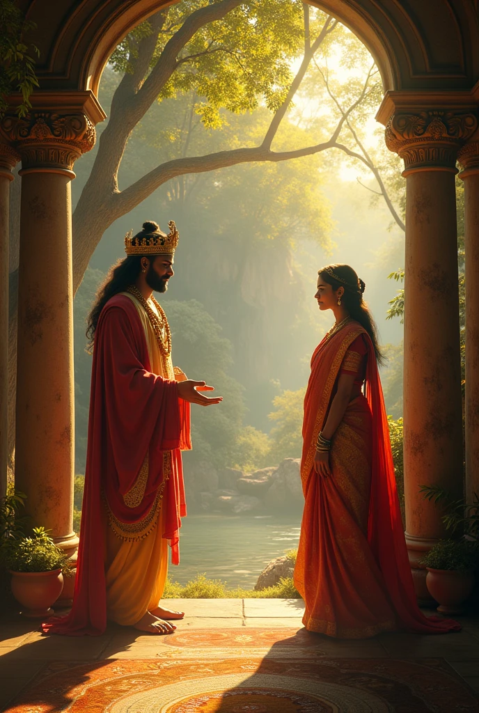 Ultra-detailed, photorealistic scene of indian King Dushyanta arriving at the hermitage on a majestic chariot, surrounded by his royal entourage. The king, dressed in regal attire, is depicted looking awe-struck as he sees Shakuntala for the first time. Shakuntala, standing at the entrance of the hermitage, is shown with a shy, welcoming smile, dressed in traditional clothing. The background features the peaceful hermitage with towering trees and a river, with golden sunlight creating a magical atmosphere.