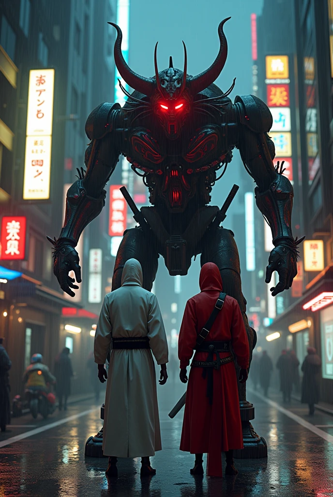 ninja shinobi cyberpunk robot cyborg .big thighs.Wallking street
two samurais walking down a street at night, yasuke.Ninja wearing conical hat.Whiter suit ,red suit, shinobi Cyborg. Red eyes, devil mask, rain. Dark night. Equipped with Sword on back. Katana on back. Robot. gears. screws. lights. wires on back. Arresting monsters in alleys.real. tokyo. UE5 CGI